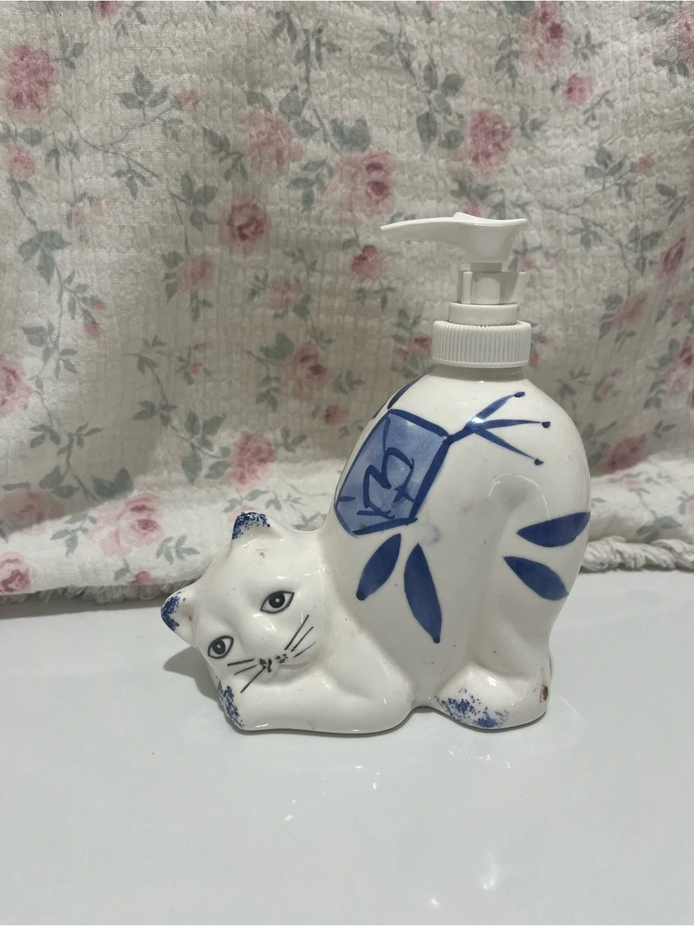 Cat Soap Dispenser with Blue Floral Accents